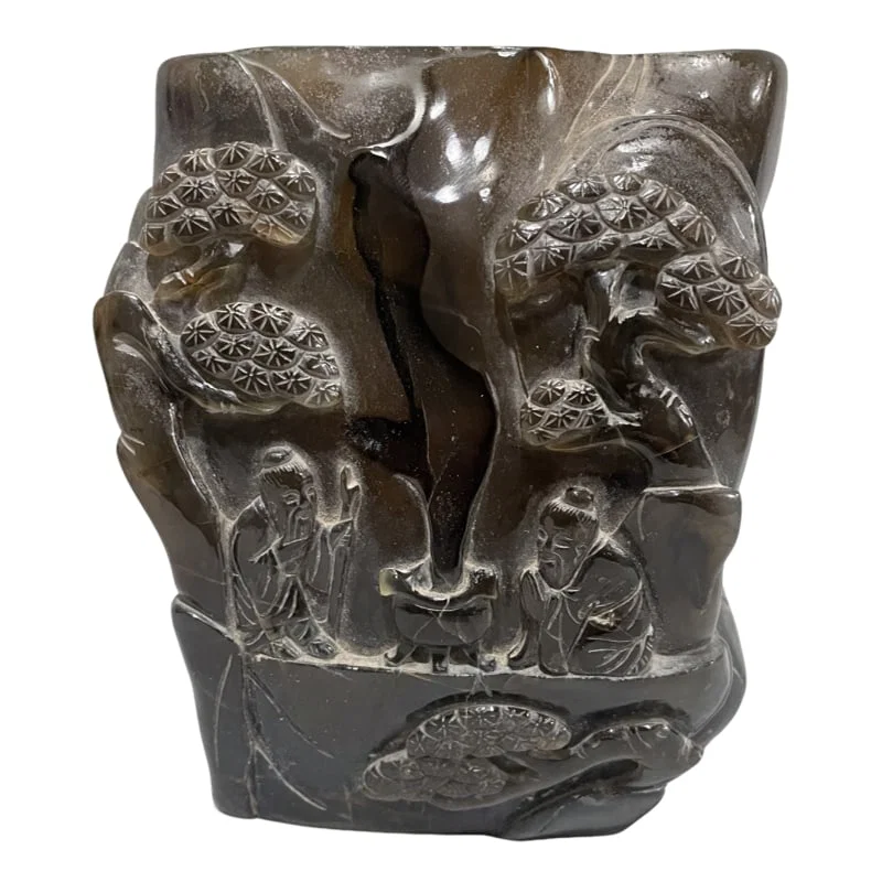 Old agate carved a pine tree with an old man offering incense pen holder.