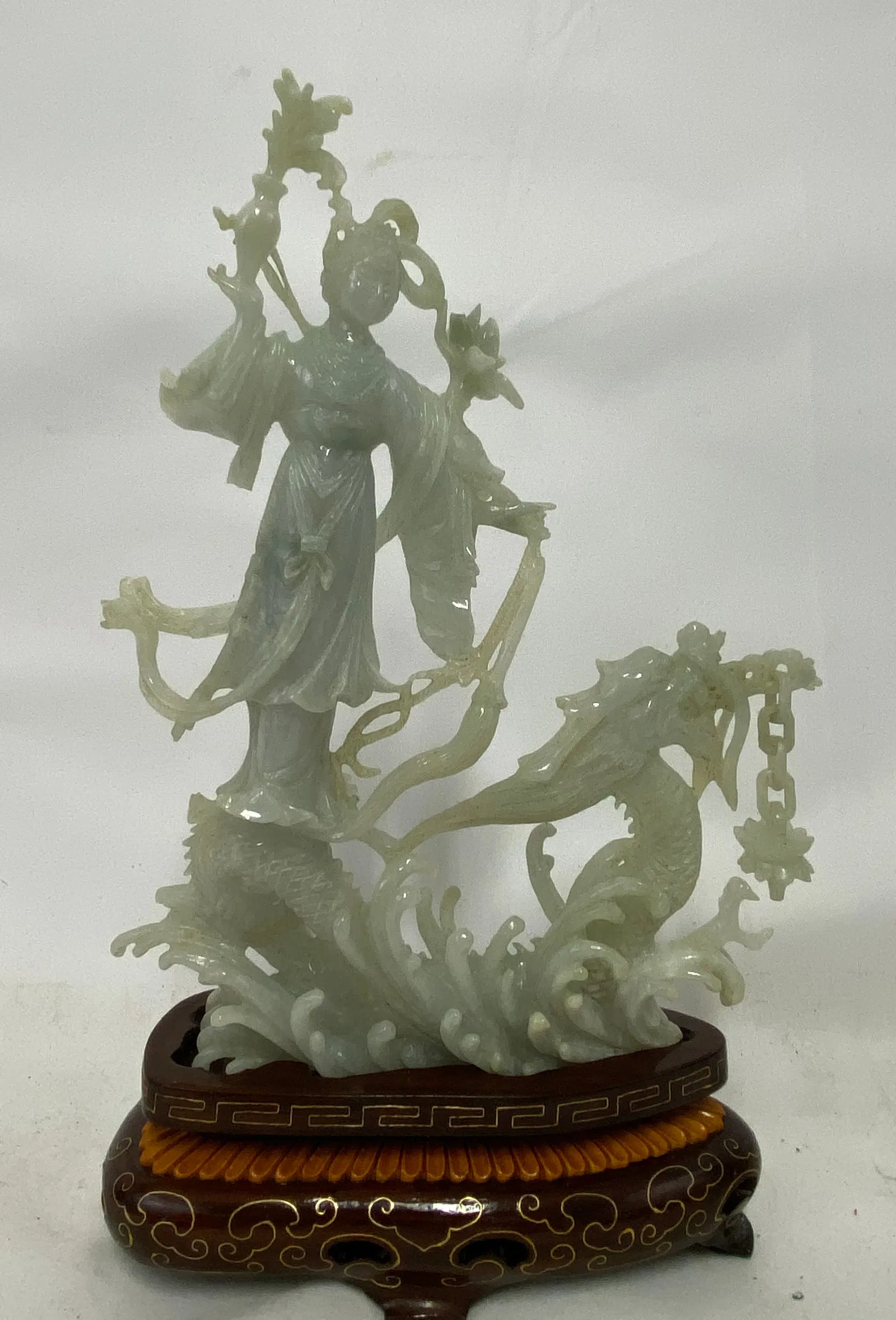 Old Chinese Carved Jade Guanyin with Dragon on Stand