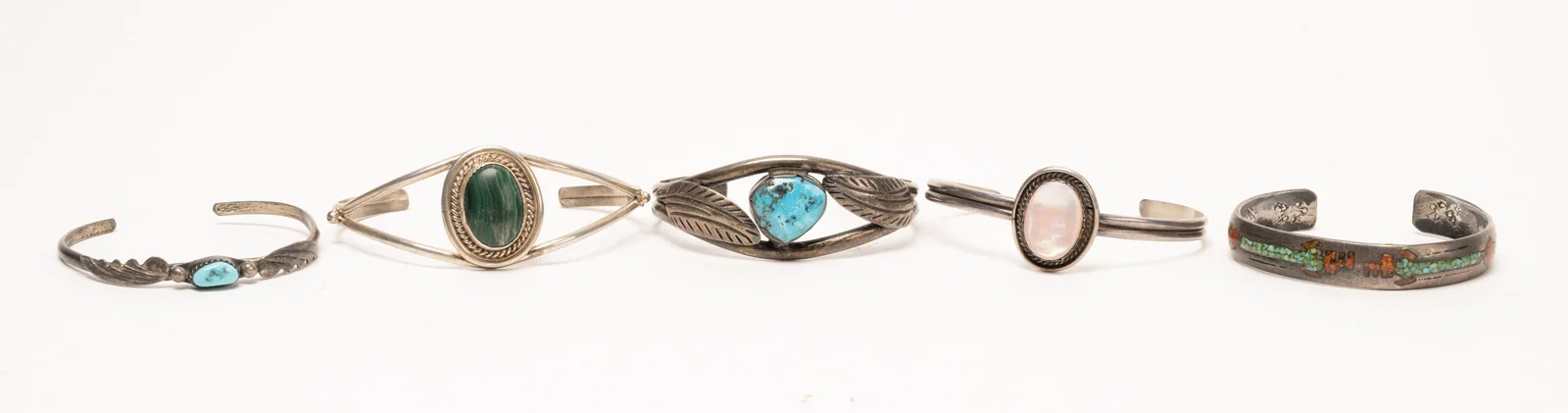 Old Pawn Navajo & Hopi Sterling Silver Cuff Bracelets Lot 5Pcs Turquoise Red Coral Mop etc