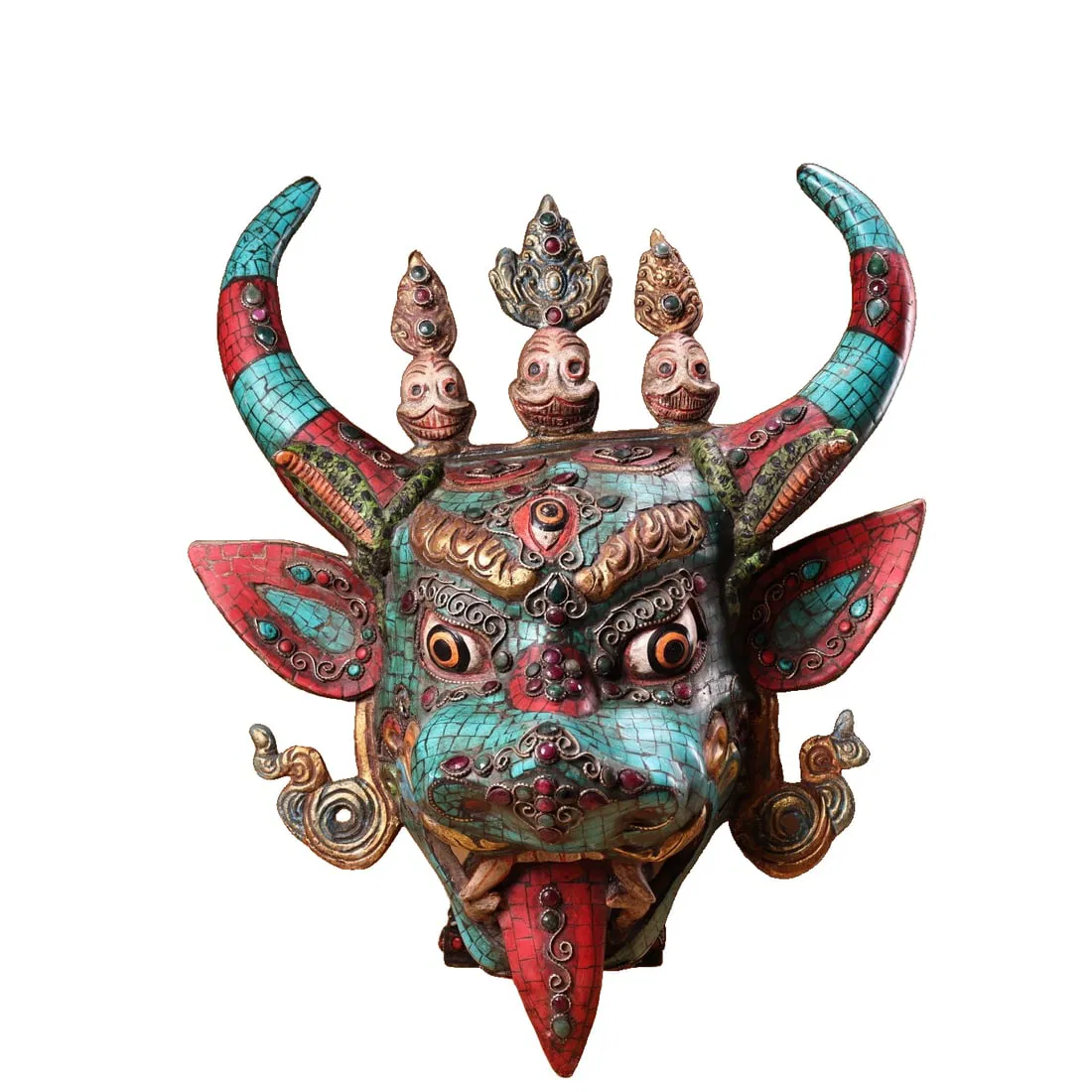 Old pure copper guardian head inlaid with gemstones