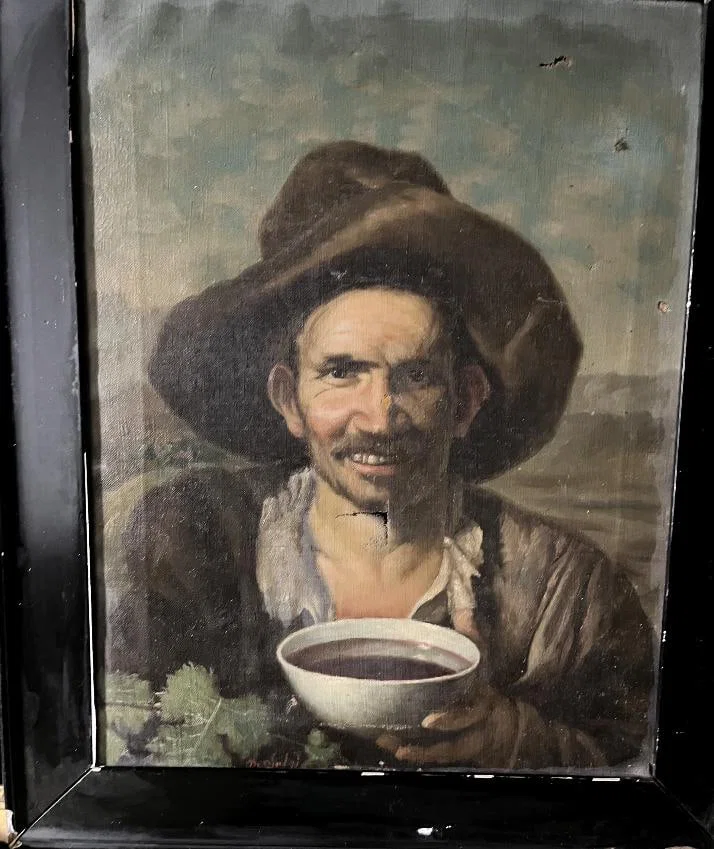 Old studio oil painting by Los Borrachos de Velazquez. Artist illegible signature.