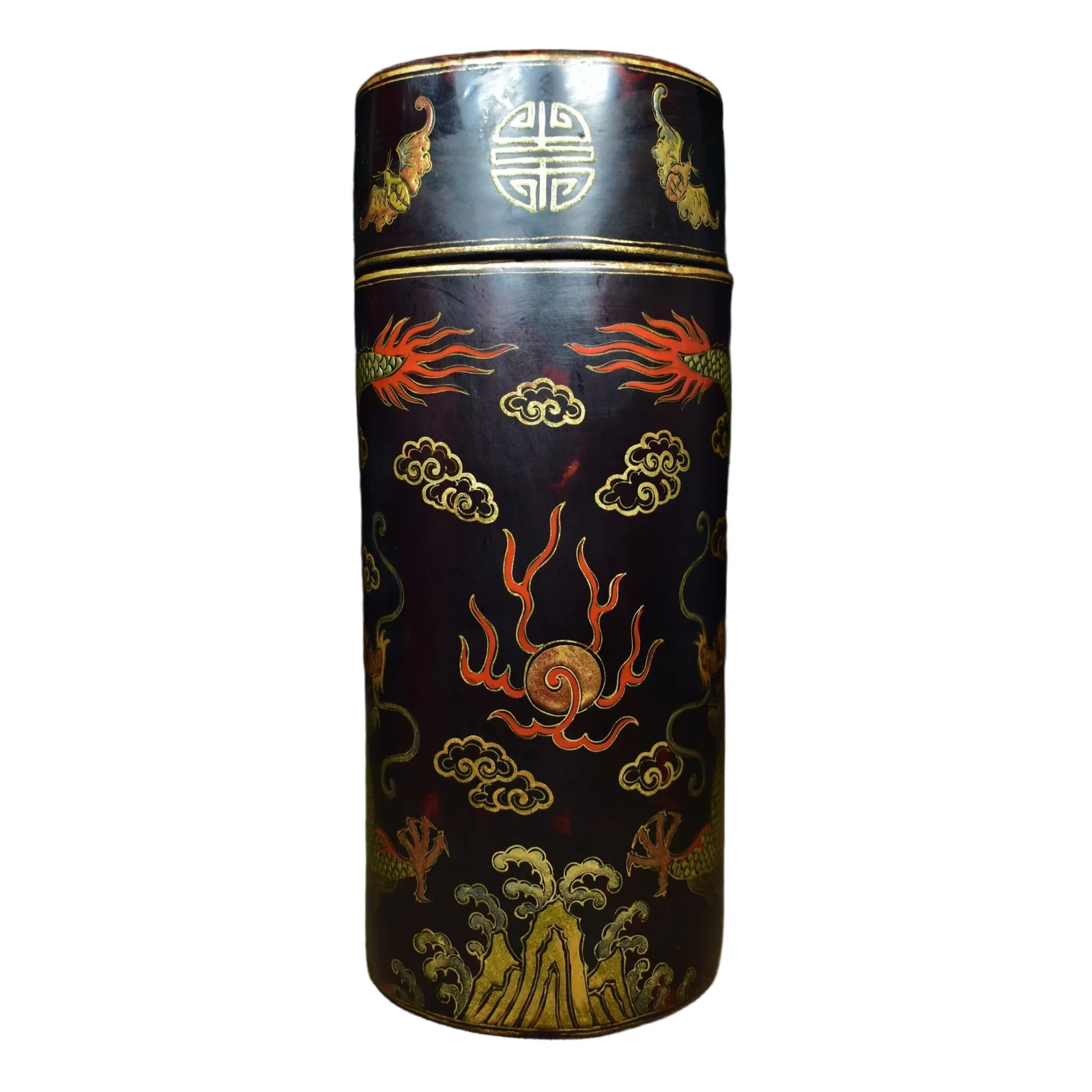 Old tire hand-painted gold dragon lacquer incense tube.