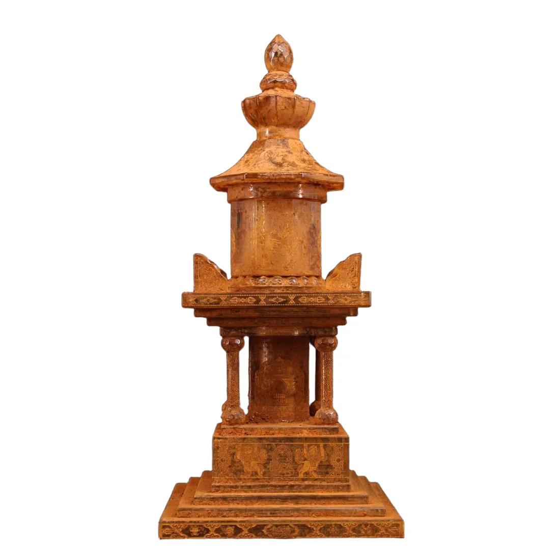 One crystal-carved stupa with inscriptions and gold detailing.
