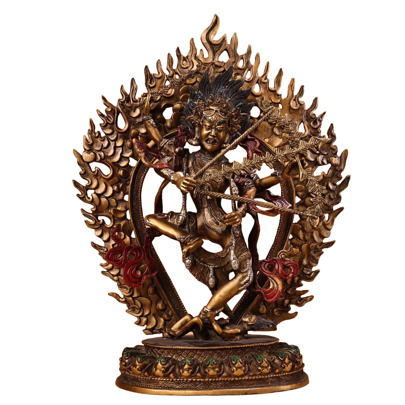 One statue of a copper-colored painted and gold-plated Tibetan-style Dharmapala deity.