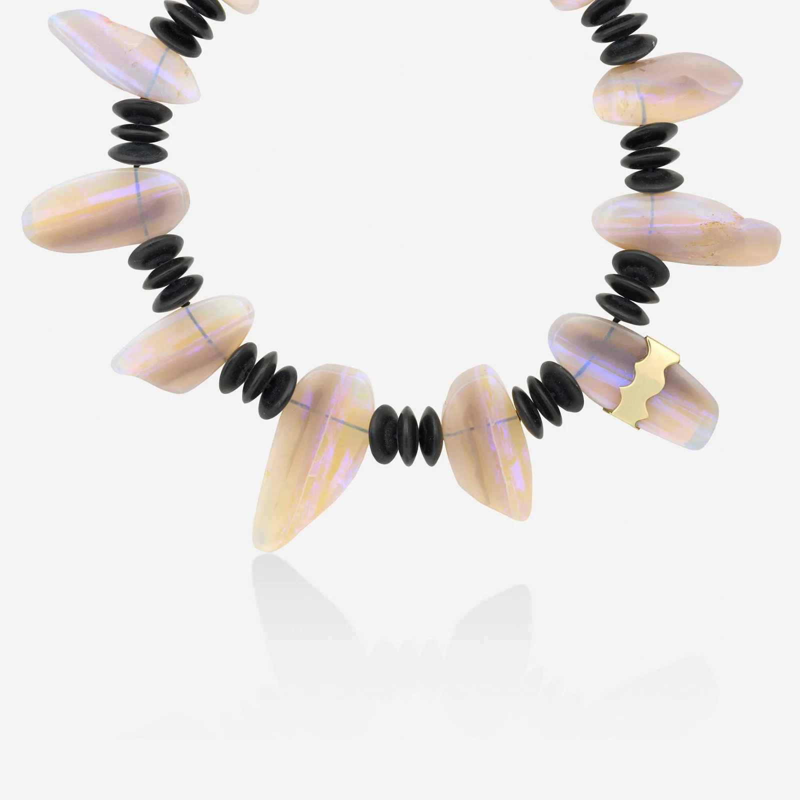 Opal, black hardstone, and gold necklace