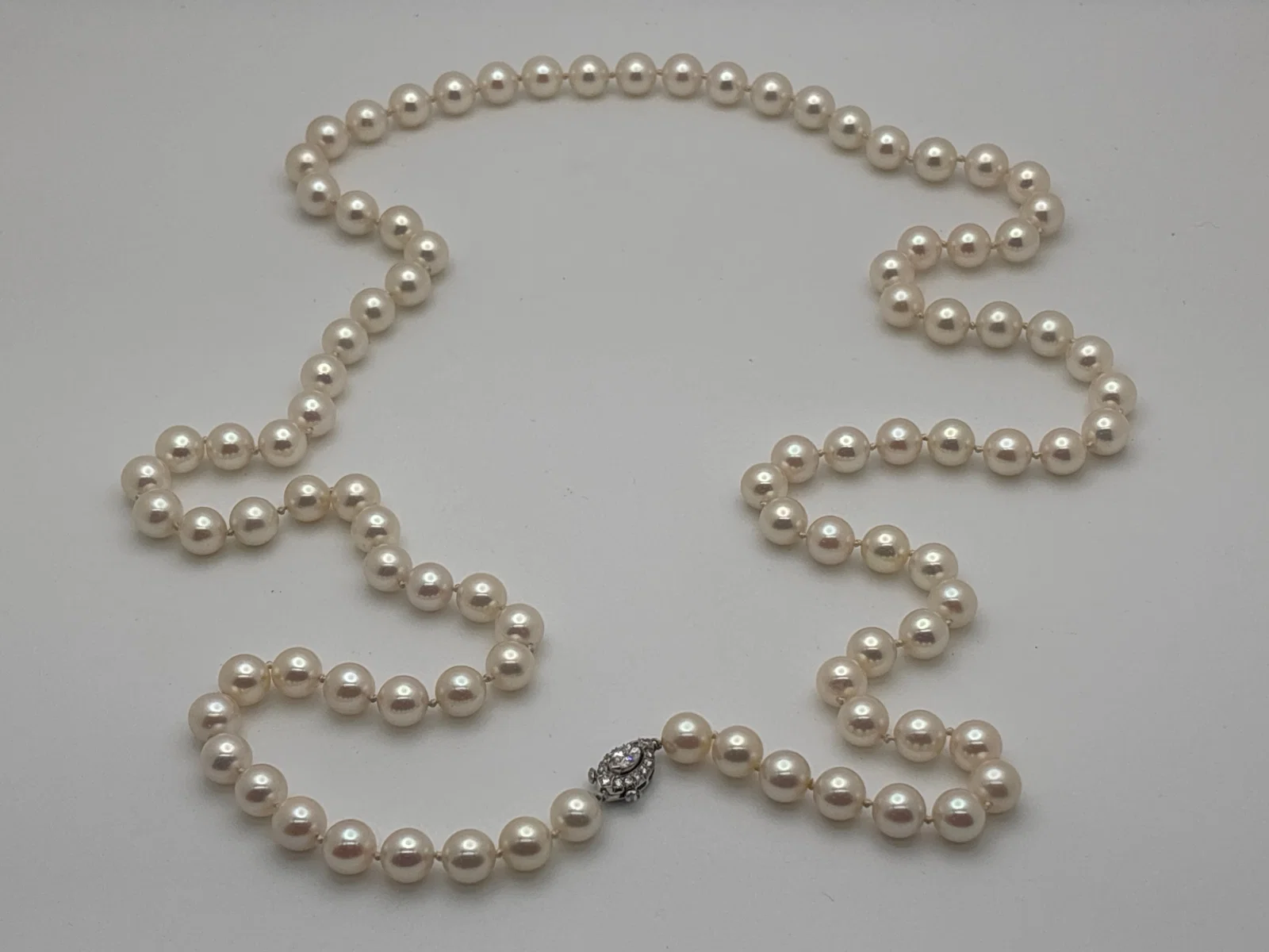 Opera Length Pearl Necklace with Diamond Clasp
