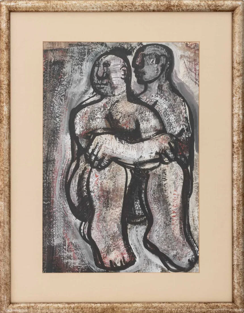 Oreste Dequel Two Seated Figures Mixed Media