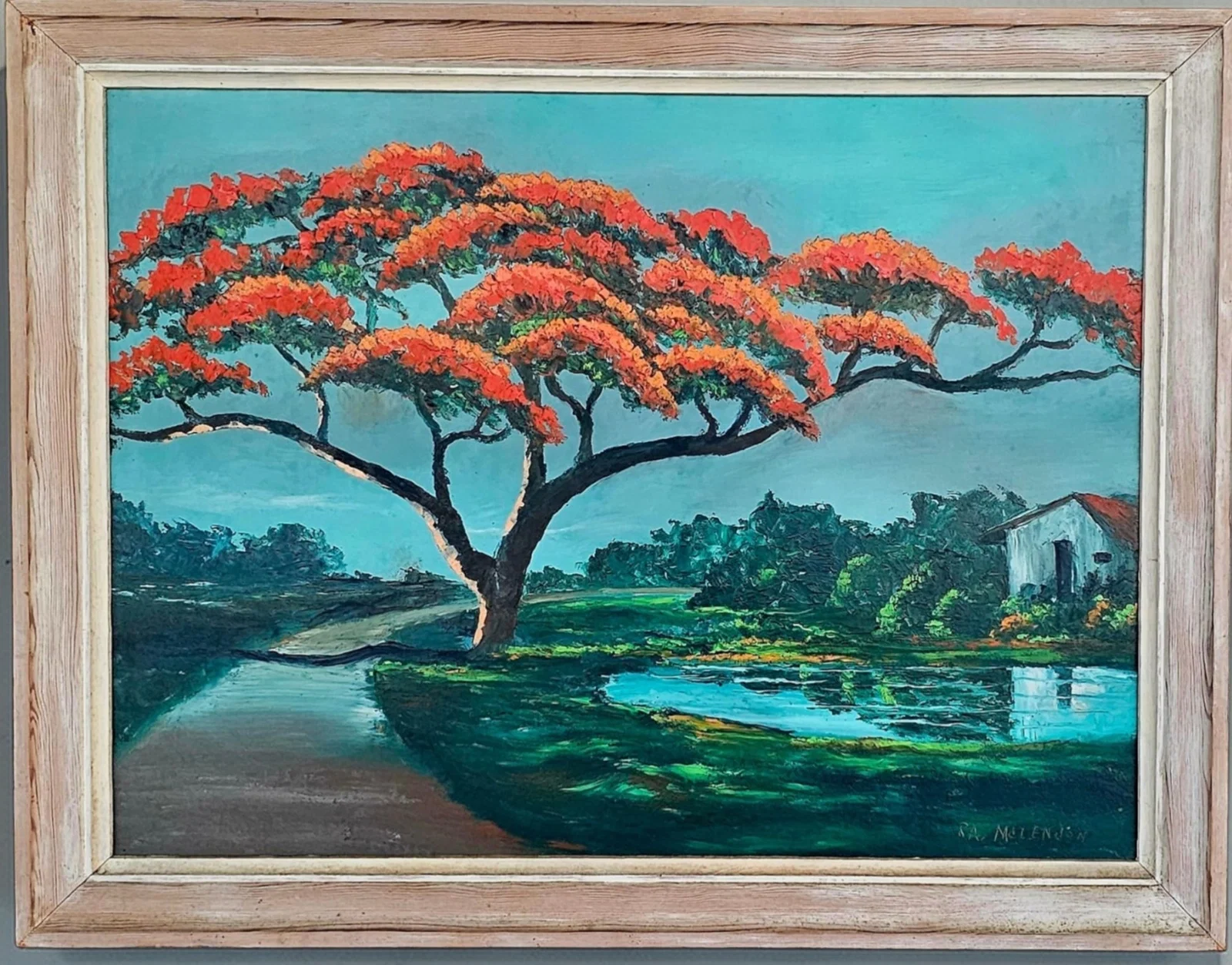 Original 1950s Highwaymen "R.A." MCCLENDON Oil on Board Royal Poinciana Tree Painting