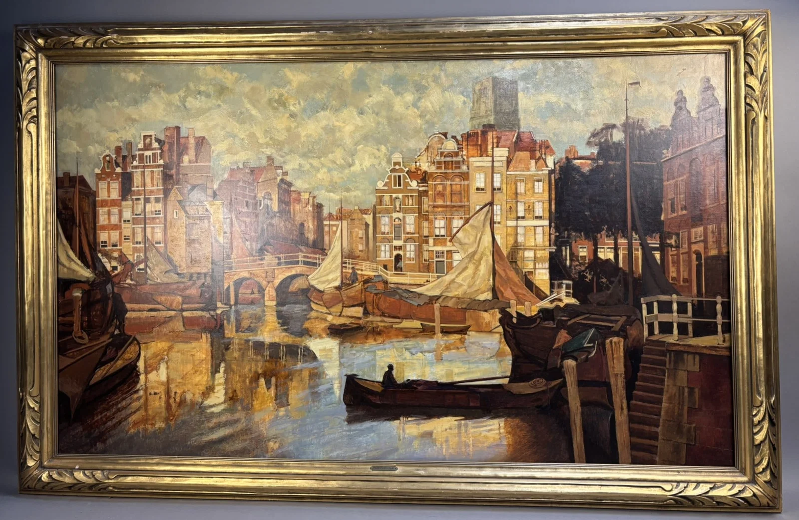 Original Henry Shafer Harbor Oil Painting After Johann Bernard Klombeek 30x50