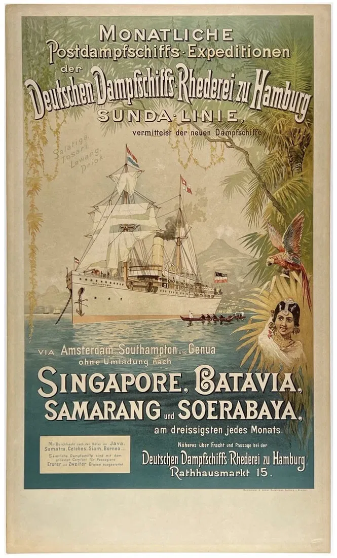 Original Vintage Poster DEUTSCHEN DAMPFSCHIFFS Singapore Steamship Cruise LINEN
