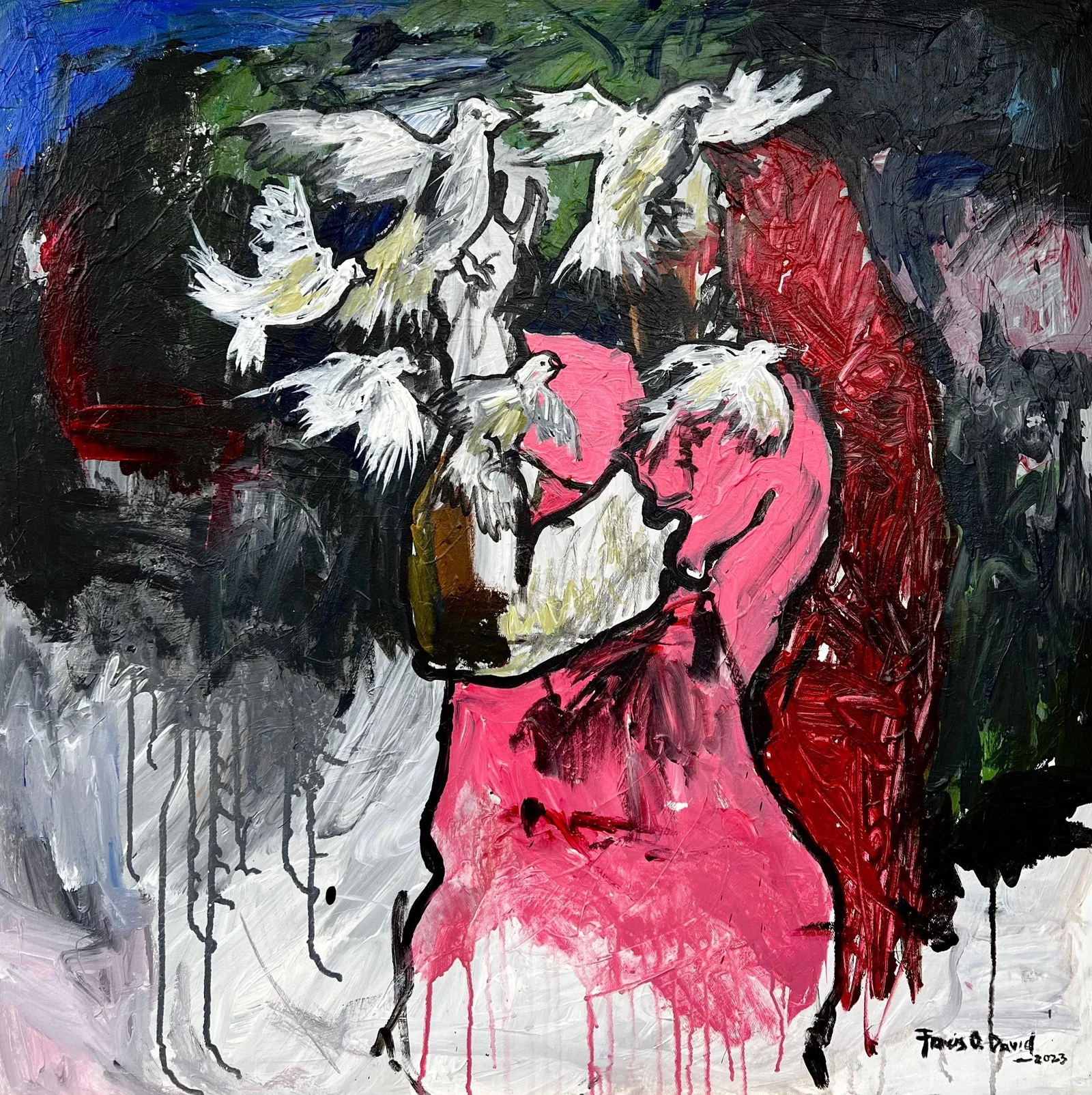 Oshorenoya David Francis, Her Quest - 21st Century, Contemporary, Figurative Impasto, Woman, Pink,