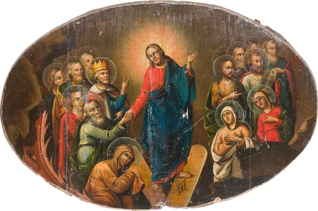 | OVALE IKONE MIT DER HOeLLENFAHRT CHRISTI UND DER BEFREIUNG DER VORVAeTER AUS DEM HADES