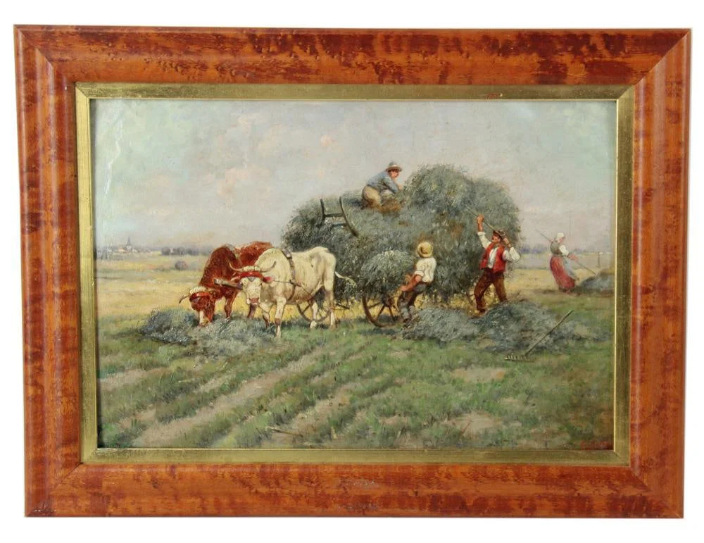 Ox Cart Laden with Harvest, Oil on Board
