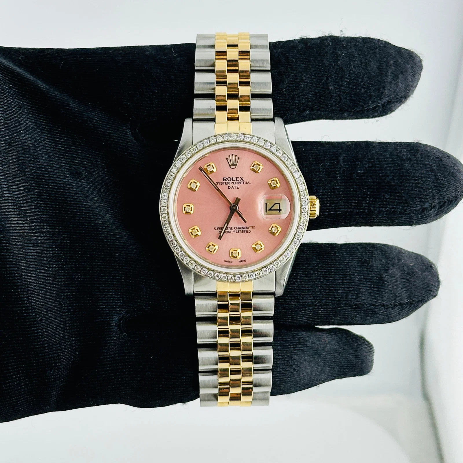 Oyster Perpetual Date Ref 15053 Aftermarket Pink Diamond Dial D Link Jubilee