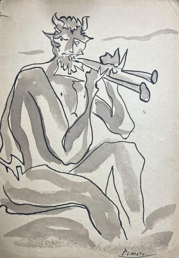 Pablo Picasso (Spanish 1881-1973) Fauno playing two clarinets Technique: Mix media on paper.