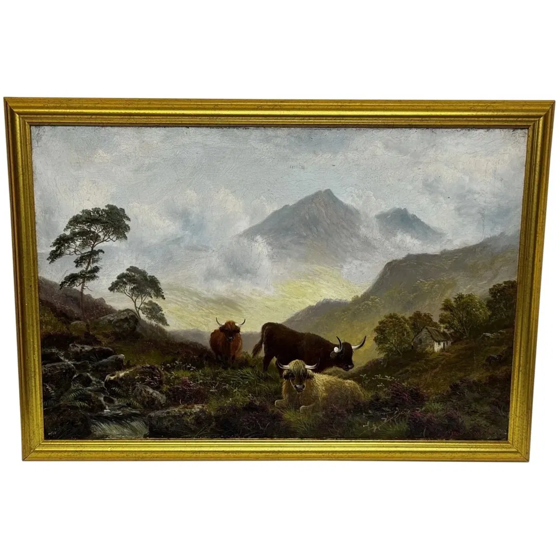 PAINTING BEN LAWERS FIRST LIGHT MORNING MIST HIGHLAND CATTLE OIL PAINTING