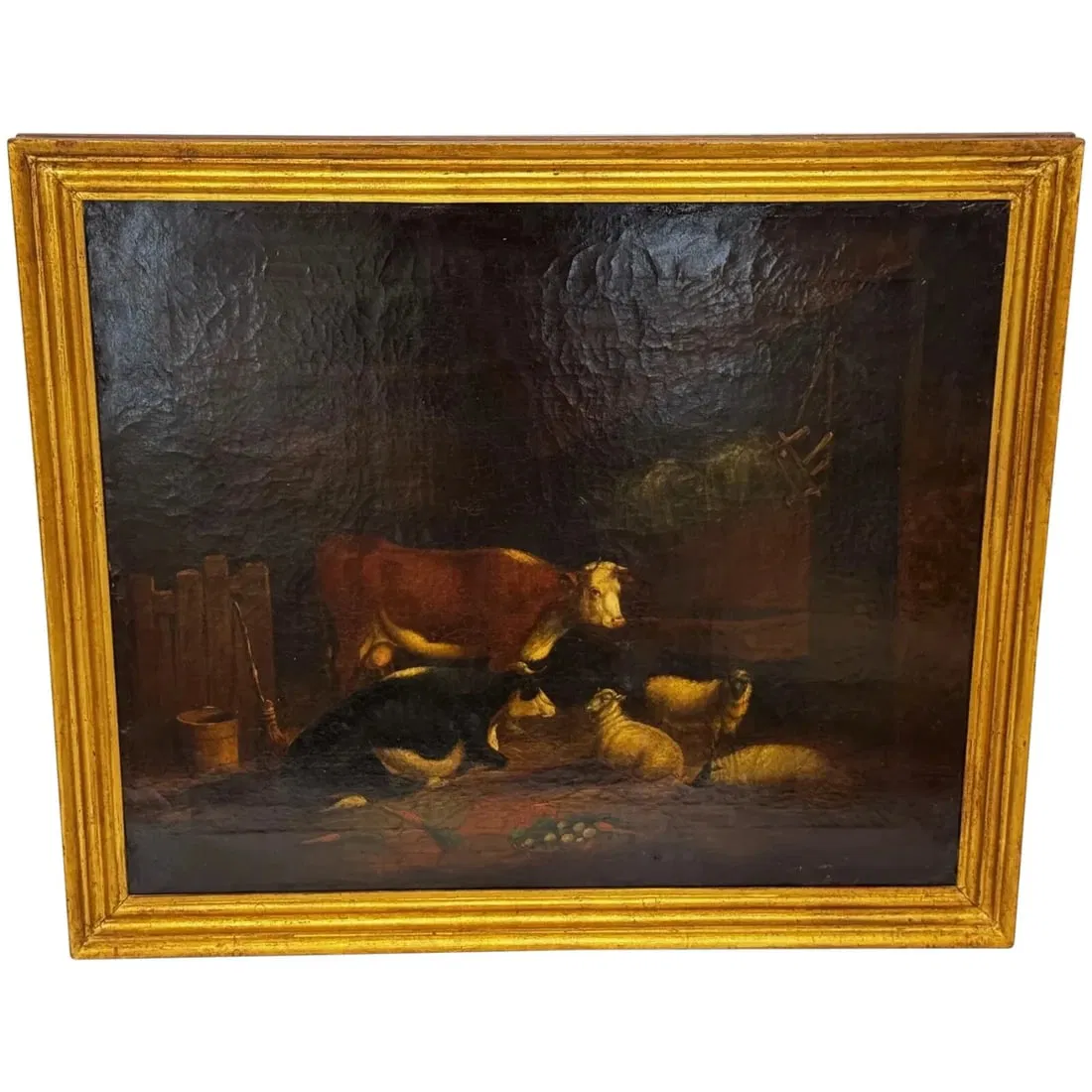 PAINTING COWS & SHEEP SHELTERING IN BARN FOLLOWER OF THOMAS SIDNEY COOPER OIL PAINTING