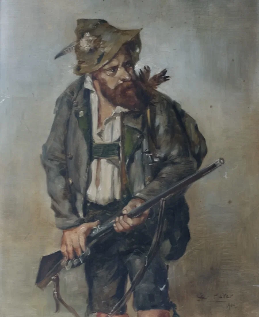 Painting Hunter Man with Riffle Portrait signed 1904