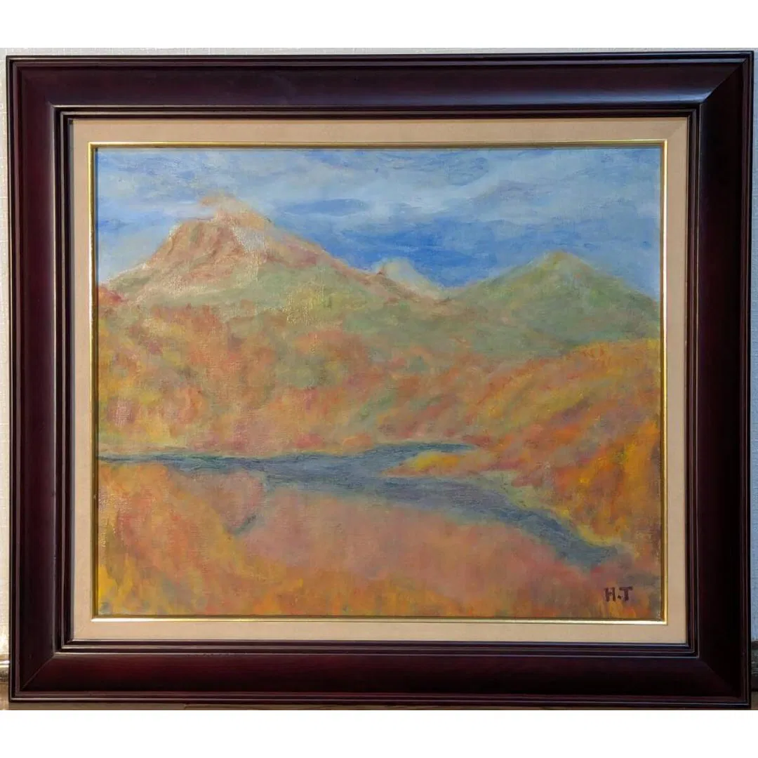 Painting: Oil Painting, Size 8 (F8) - "Autumn Colors of the Mountain Range" - A lakeside landscape