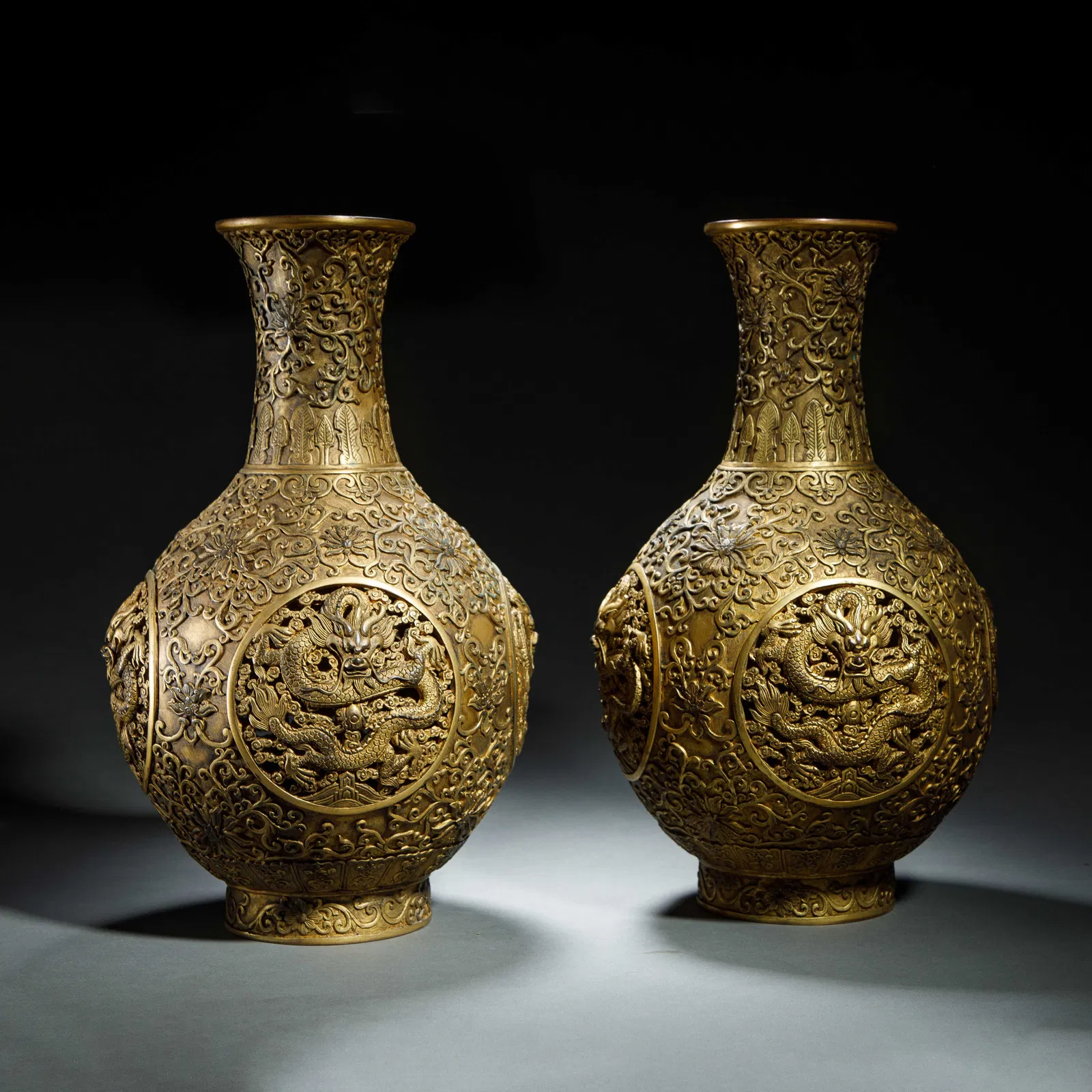 PAIR BRONZE-GILT DRAGON BOTTLE VASES