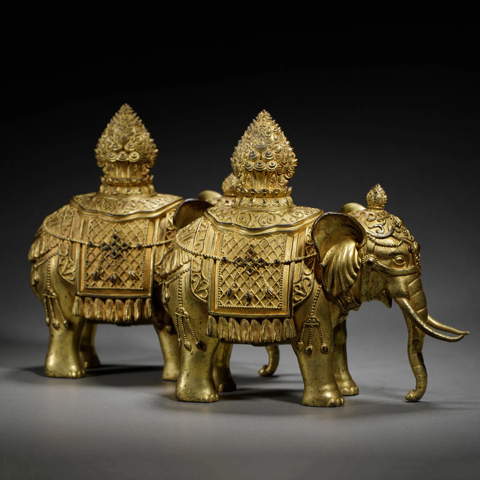 PAIR BRONZE-GILT ELEPHANTS