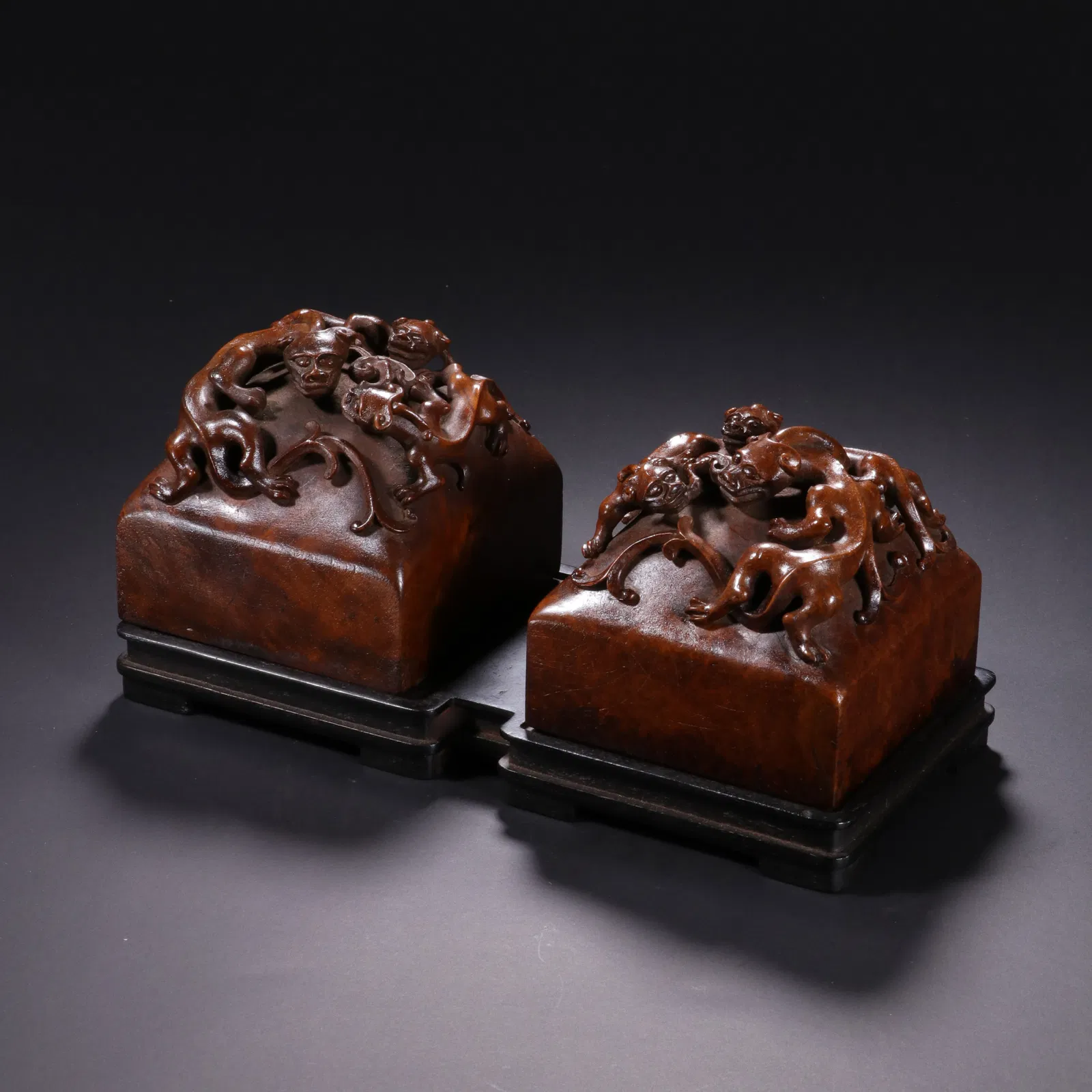 PAIR CARVED HUANGHUALI CHILONG GROUP SEALS