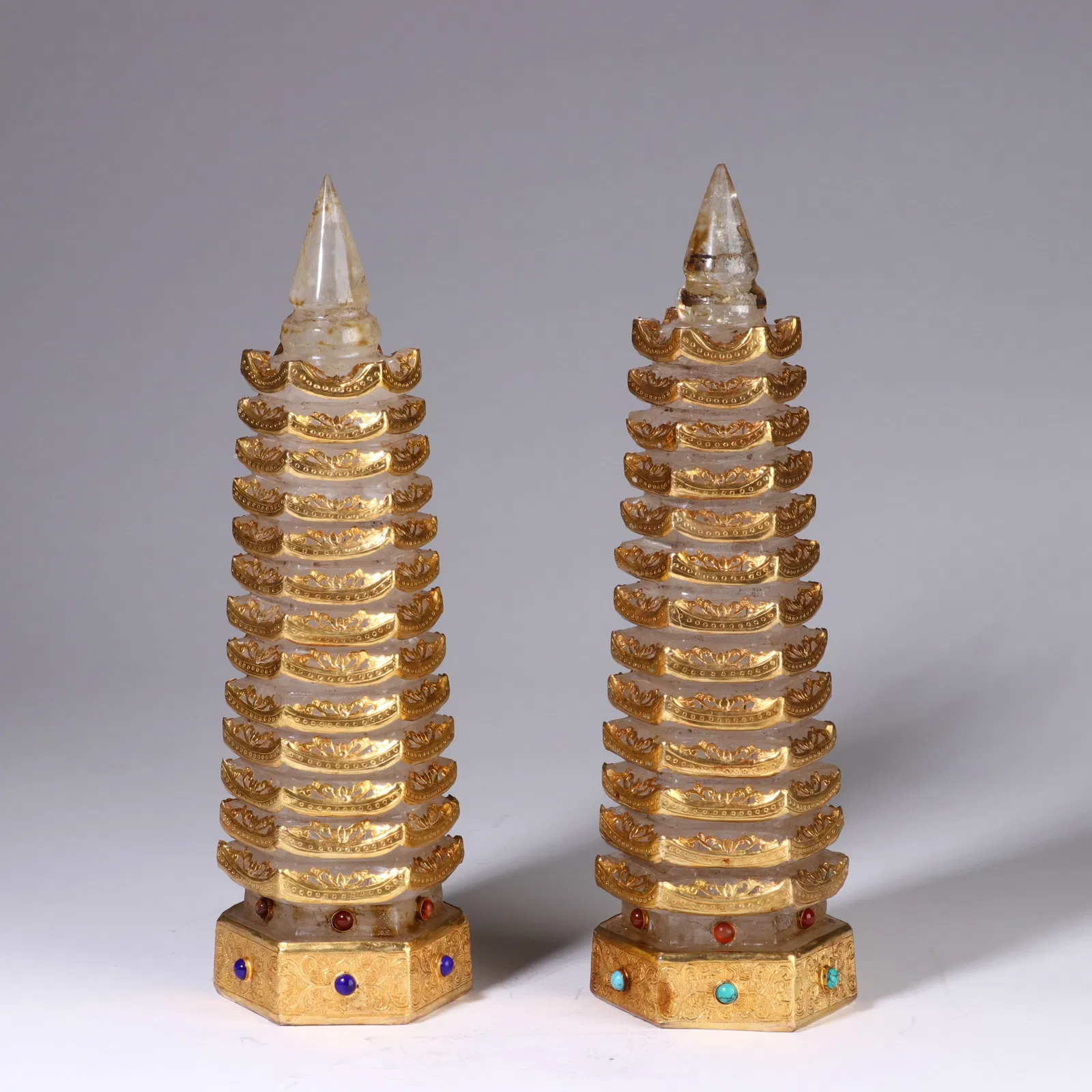 PAIR CARVED ROCK CRYSTAL PAGODAS