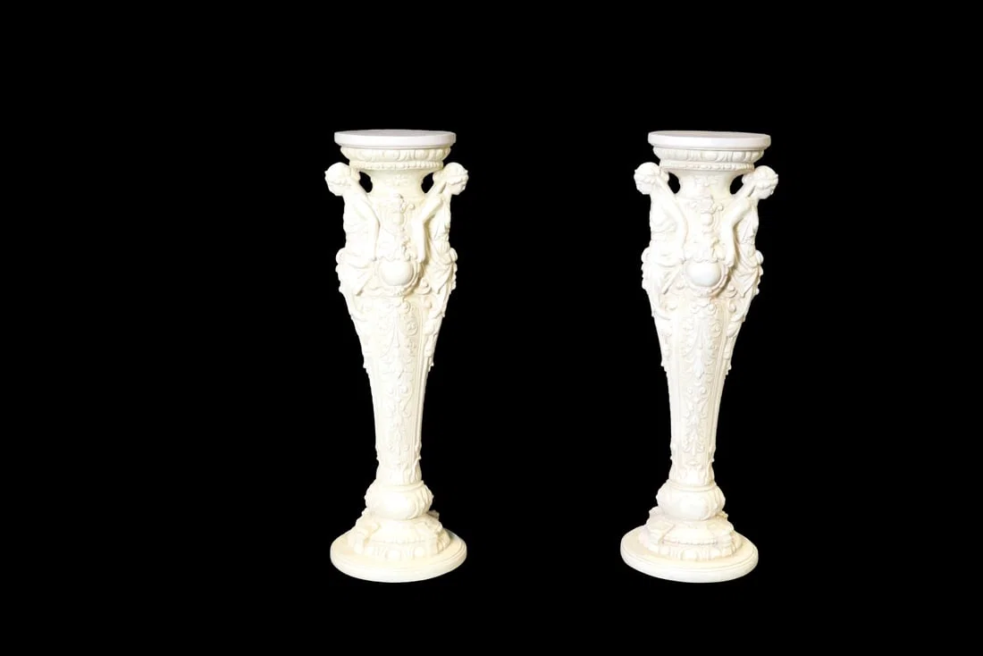 PAIR DANCING MAIDENS HOLDING URN PEDESTALS