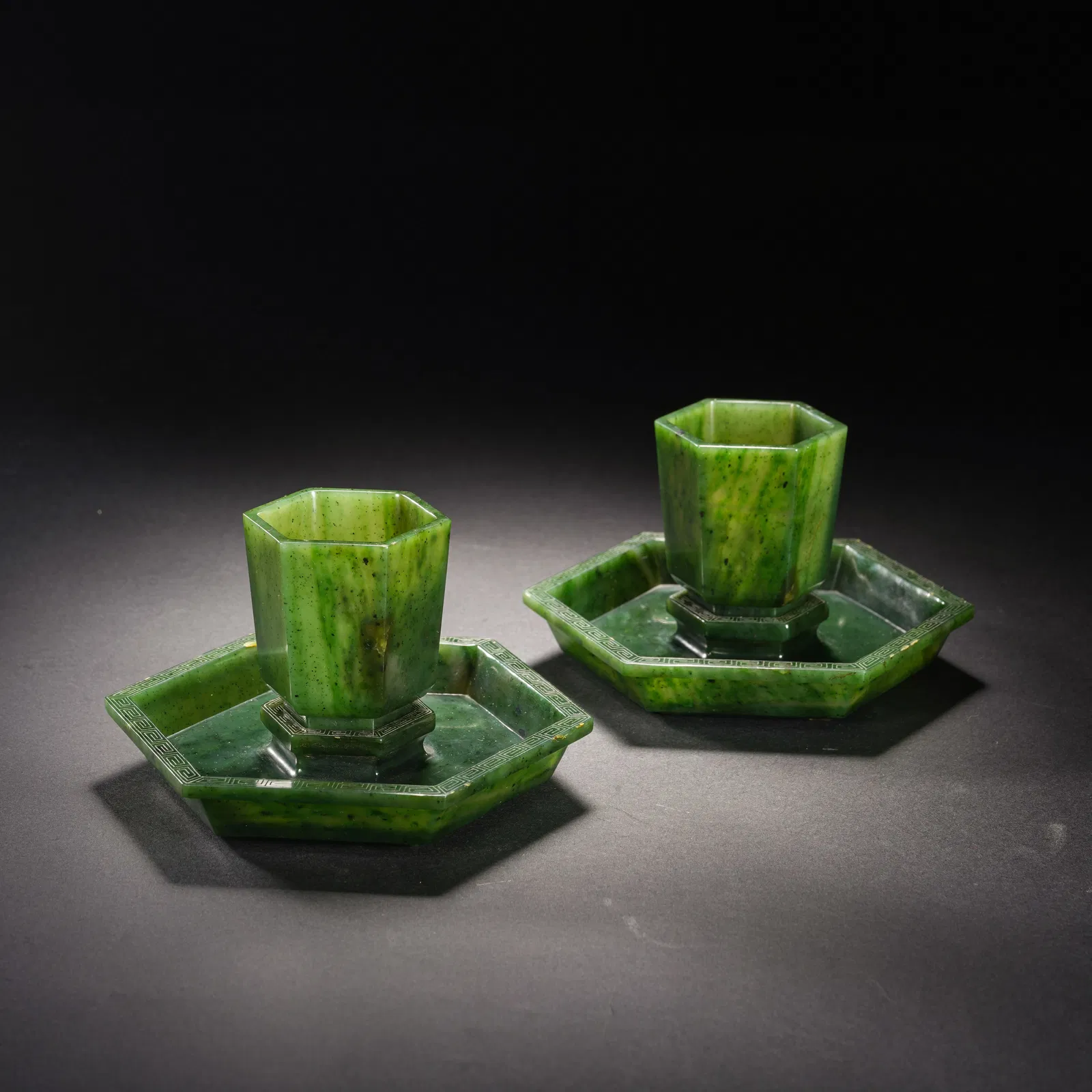 PAIR FINE SPINACH GREEN JADE CUPS WITH STANDS