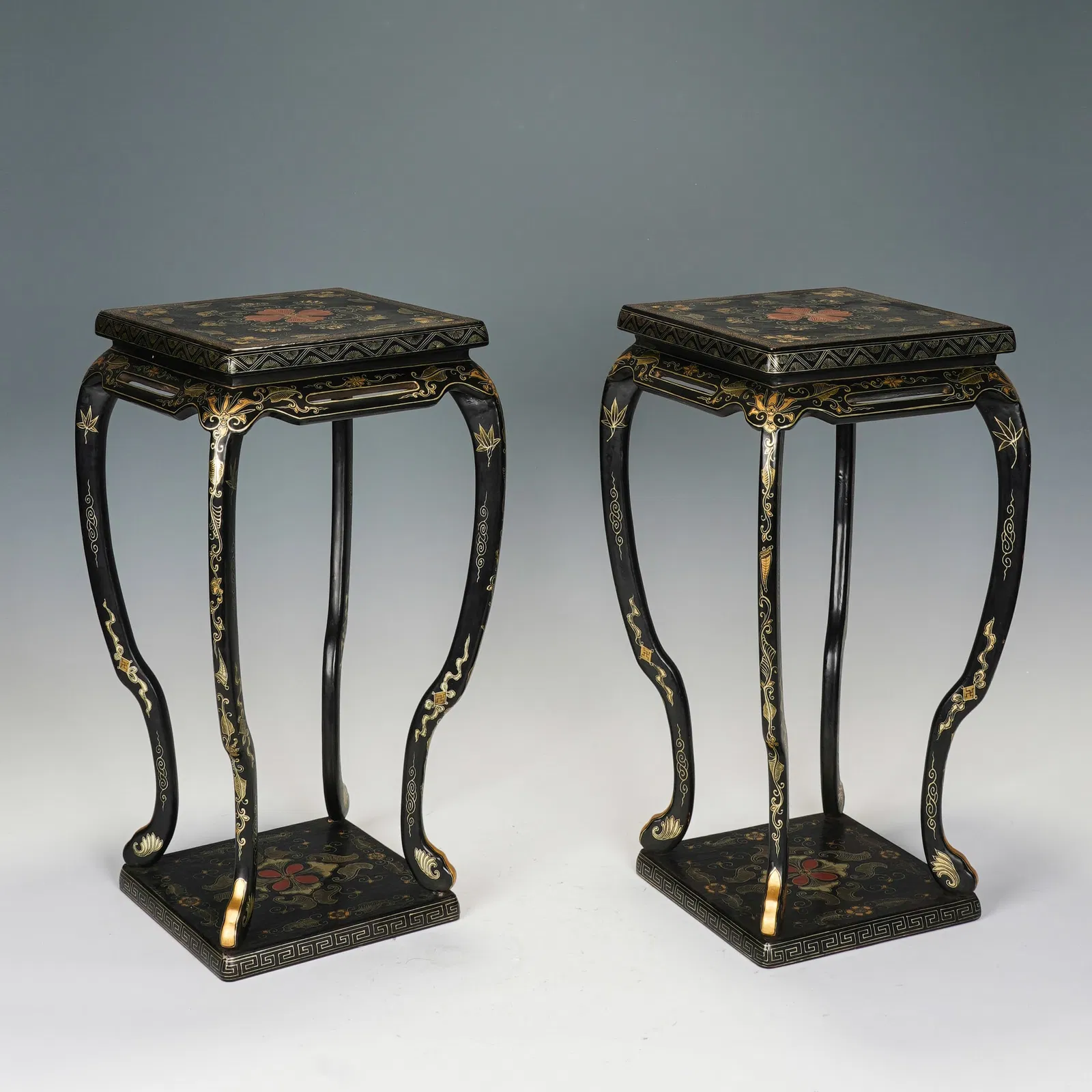 PAIR LACQUER AND GILT GARDEN STOOLS