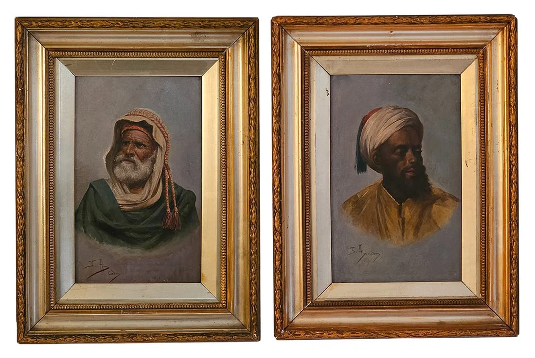 Pair Of 19th C. Orientalist 'Moorish Men' Oil On Wood Portrait Paintings, Signed