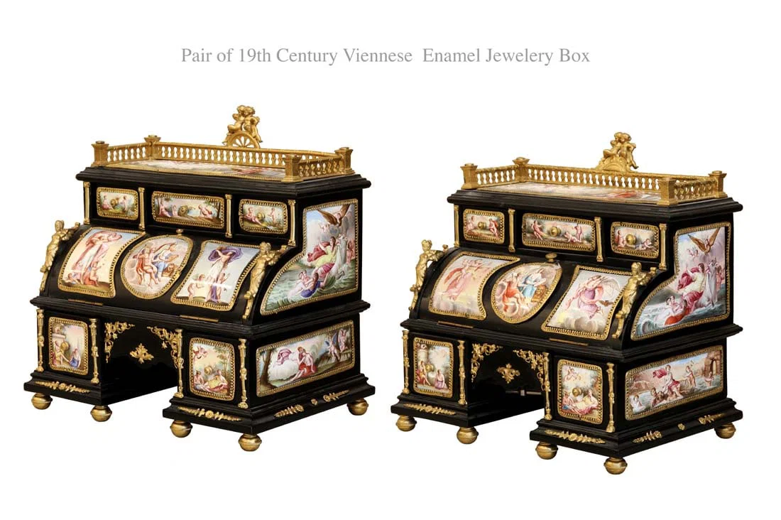 Pair Of 19th C. Viennese Enamel & Bronze Jewelry Box