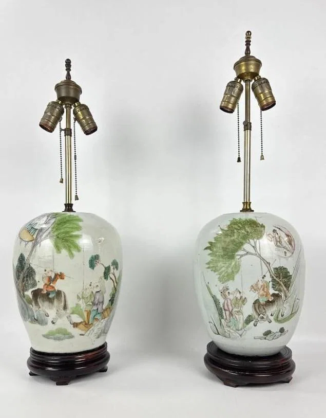 PAIR OF ANTIQUE CHINESE PORCELAIN GINGER JAR LAMPS FAMILLE VERTE