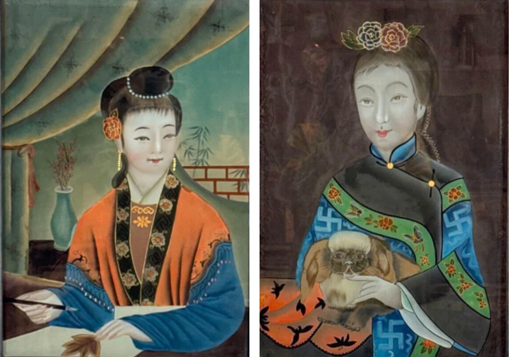 PAIR OF ANTIQUE CHINESE REVERSE PAINTING PORTRAITS OF LADIES ON GLASS