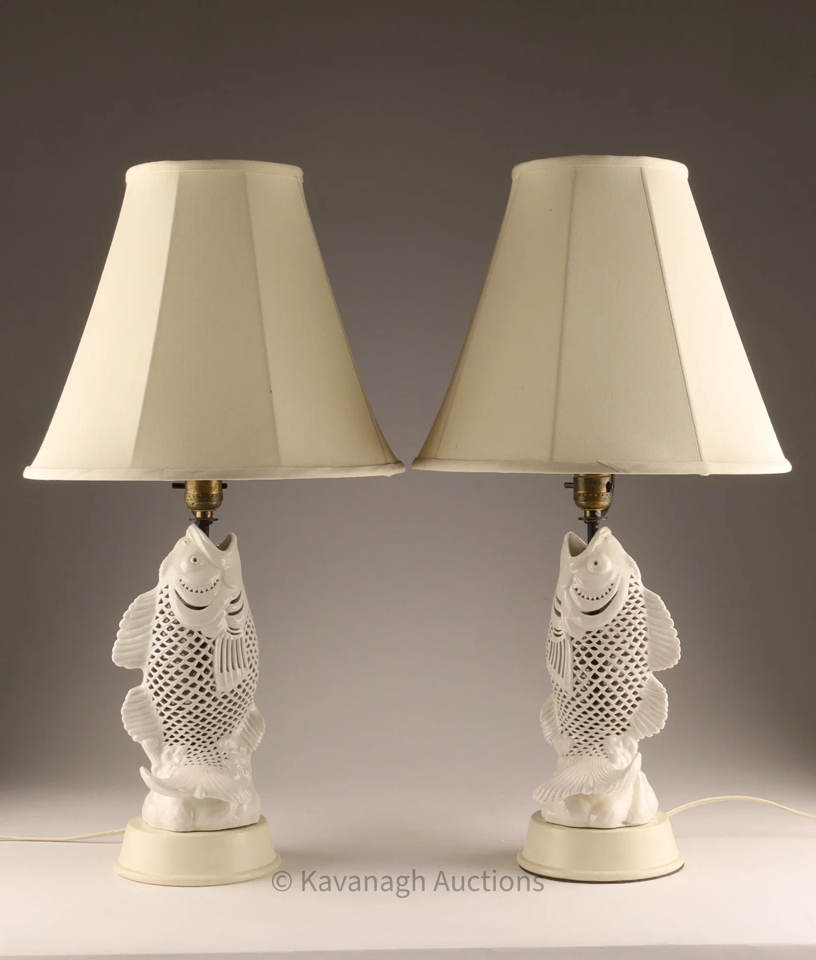 Pair of Chinese Blanc-de-Chine Style Porcelain Fish Lamps, Pierced Bodies