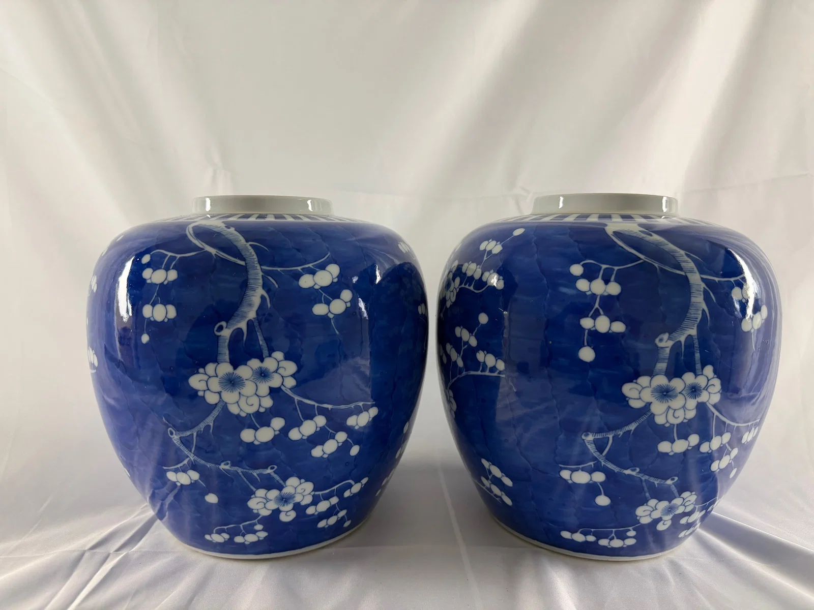Pair of Chinese blue and white plum bossom porcelain jars
