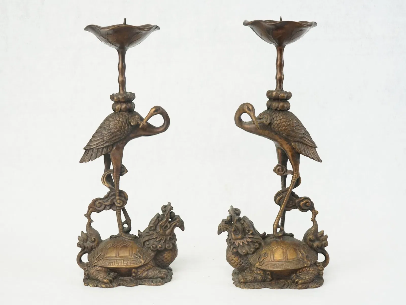 Pair of Chinese Bronze Candlesticks with Crane and Dragon Turtle