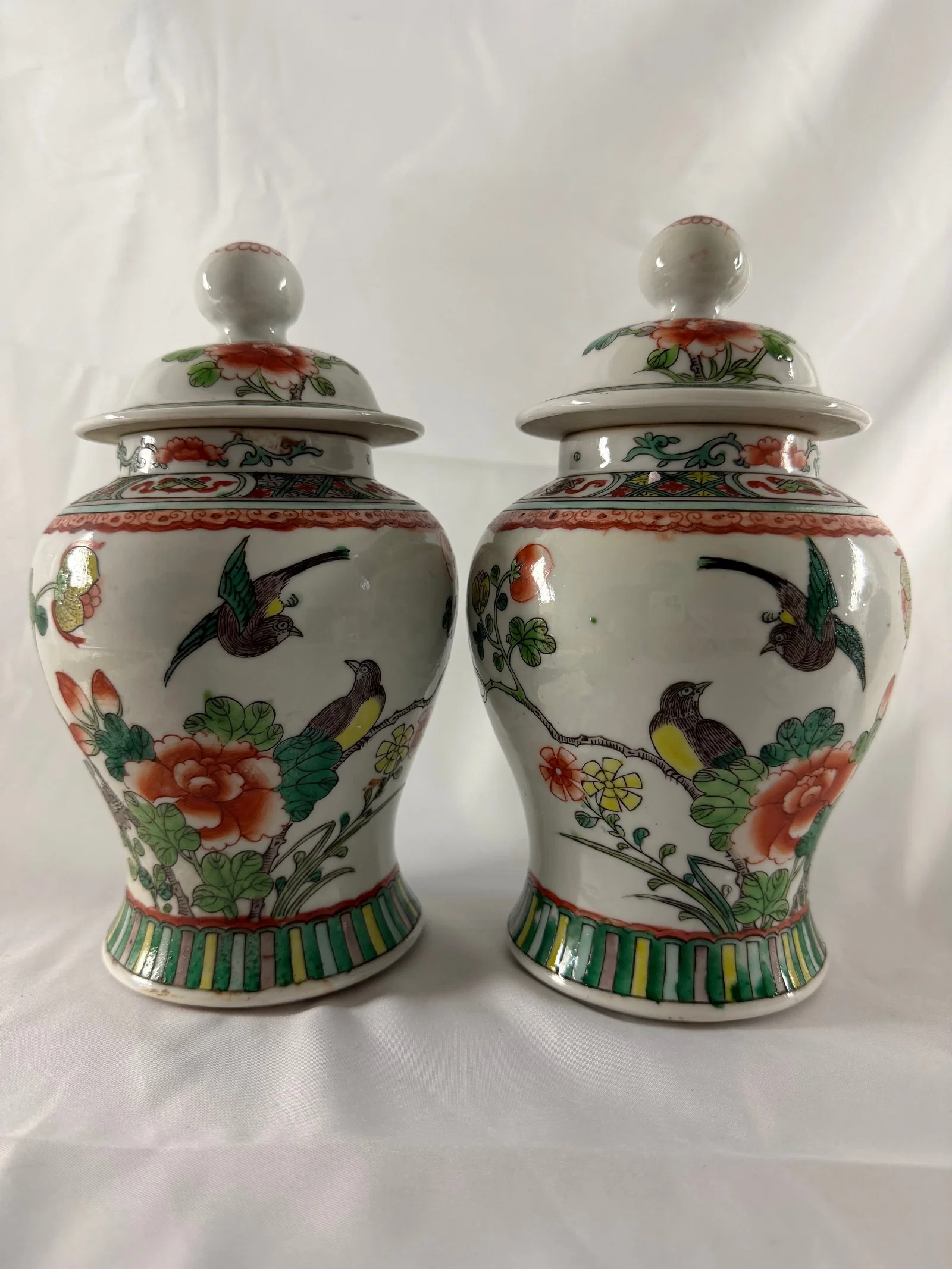Pair of Chinese enameled famille rose birds China porcelain jars