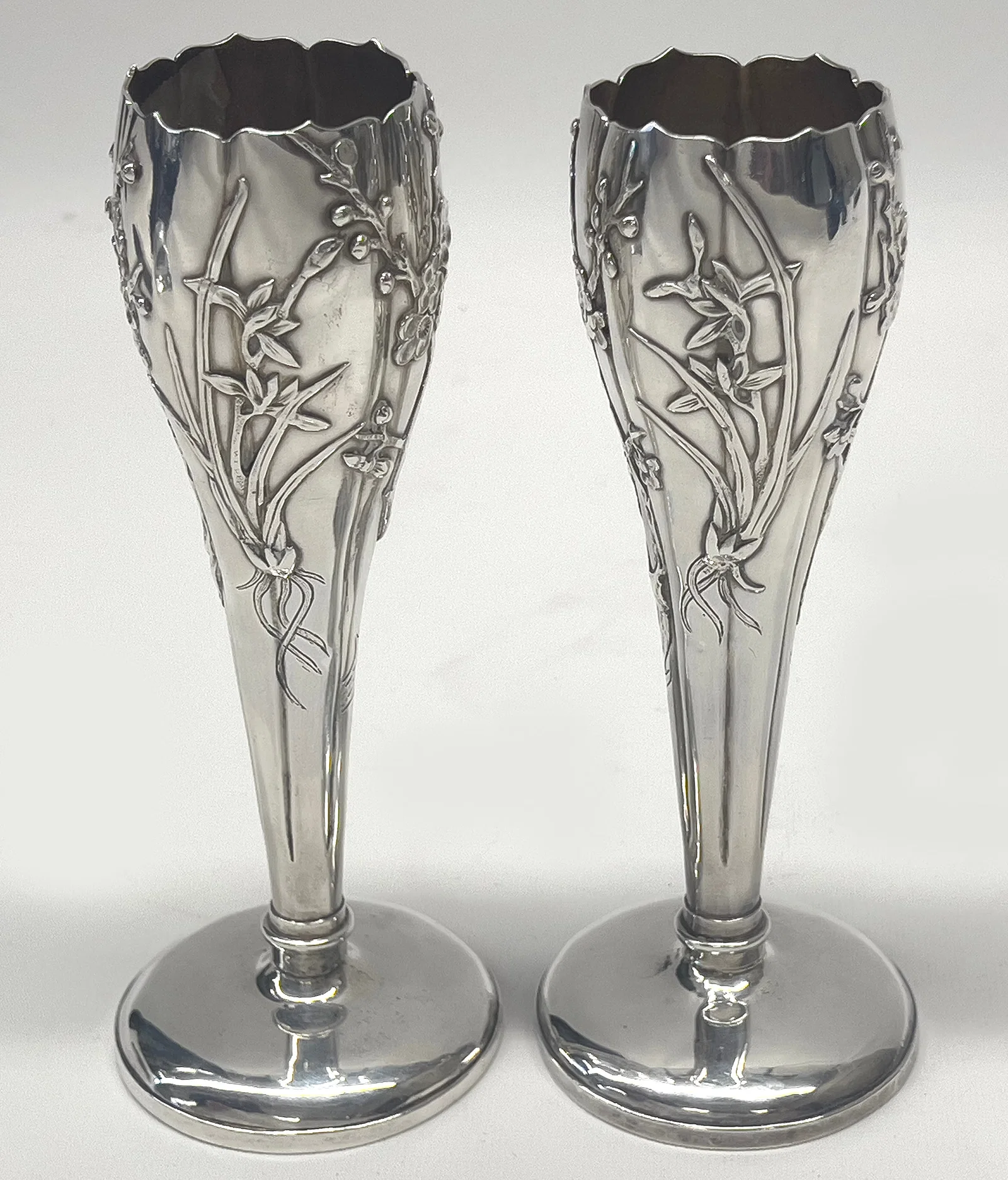 PAIR OF CHINESE EXPORT SILVER BUD VASES, WANG HING