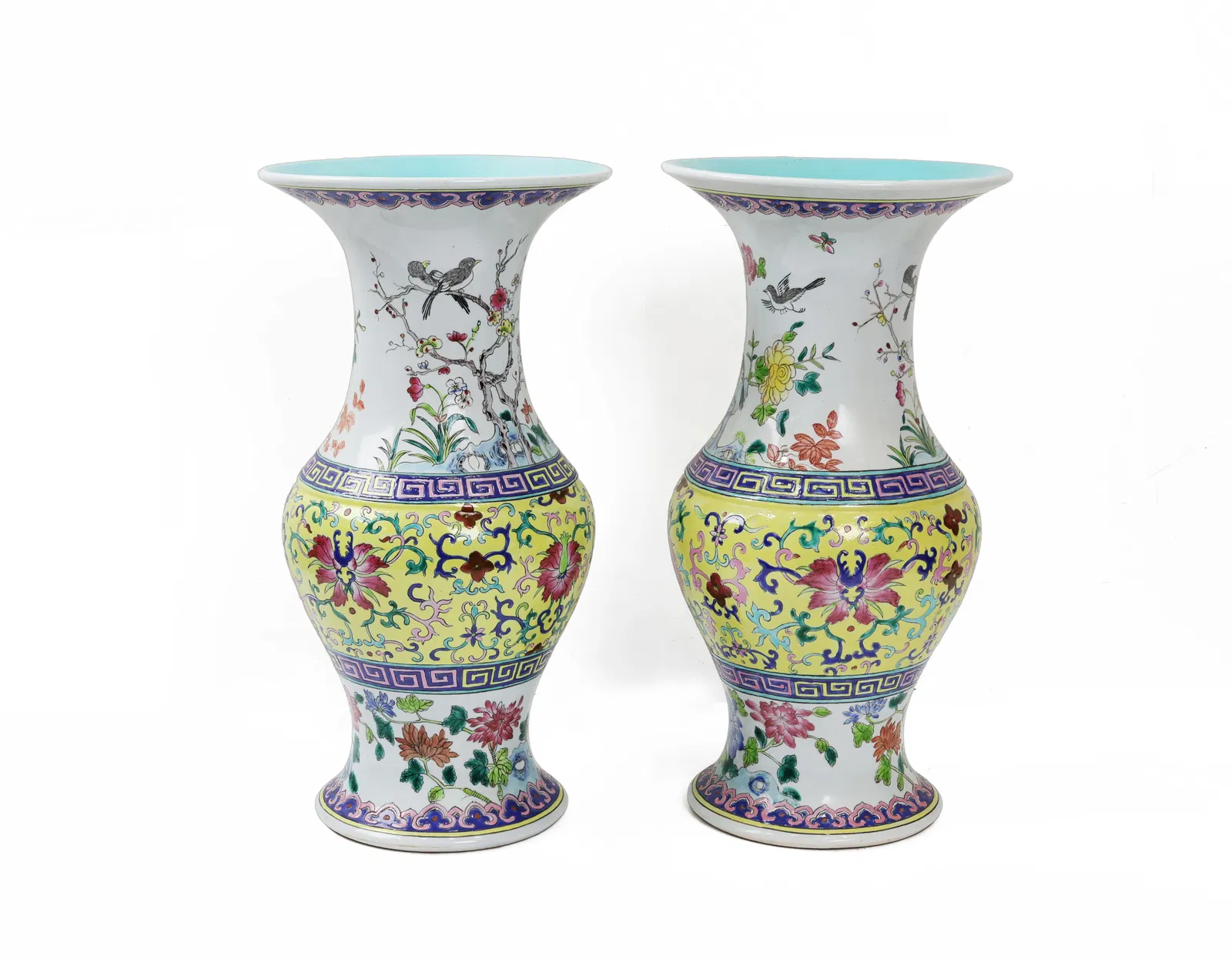 Pair of Chinese Porcelain Vases, Famille Jaune, Bird & Floral Decor