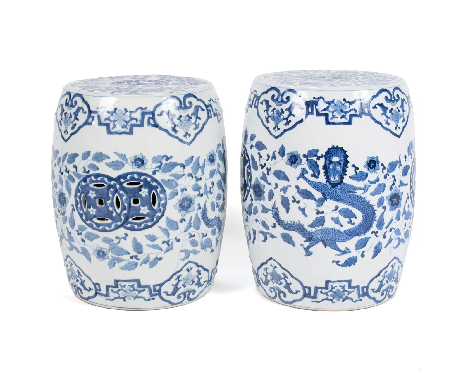 PAIR OF CHINOISERIE BLUE & WHITE GLAZED GARDEN SEATS