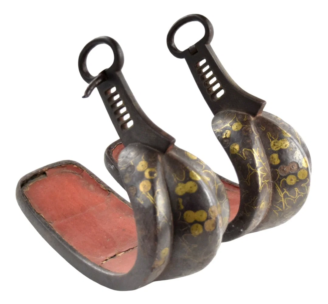 Pair of Edo Period Japanese Samurai Abumi Stirrups with Gilt Floral Decoration