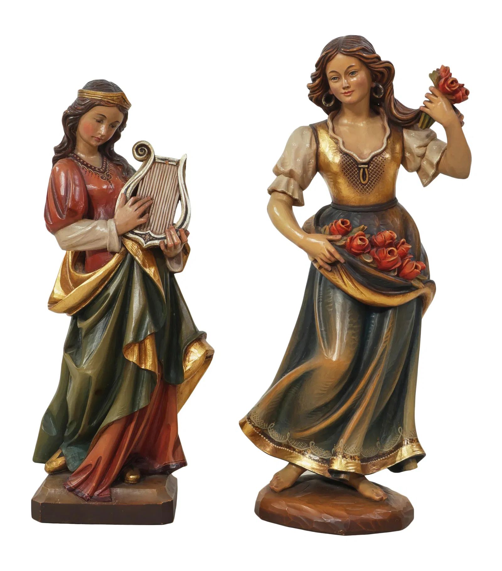 Pair of German Polychromed Statues of Women, early 20th c., Angel- H.- 22 in., W.- 9 in., D.- 6 in.;