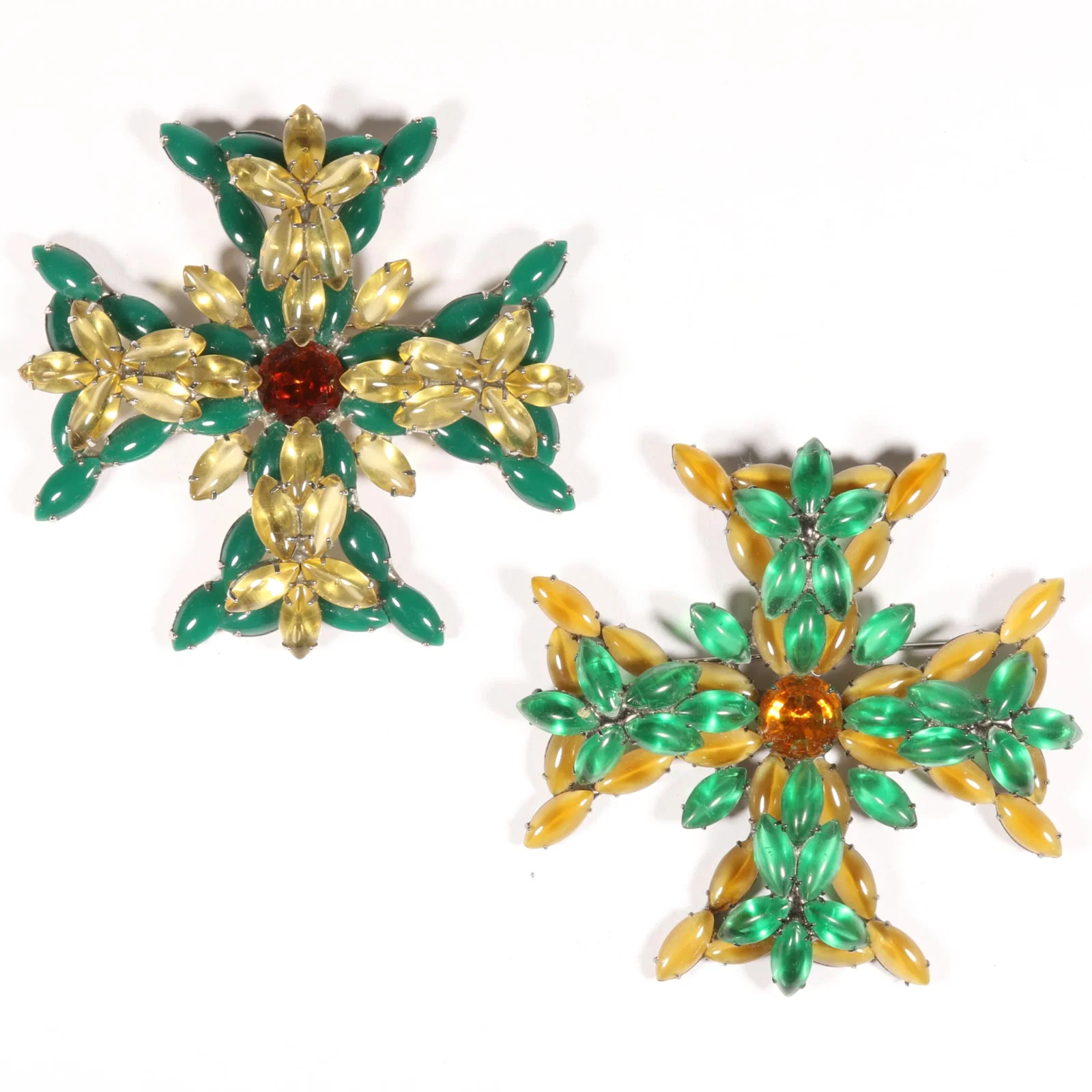 Pair of Kenneth Lane KJL large jeweled Maltese cross brooches, one unsigned 3 1/2"H x 3 1/2"W
