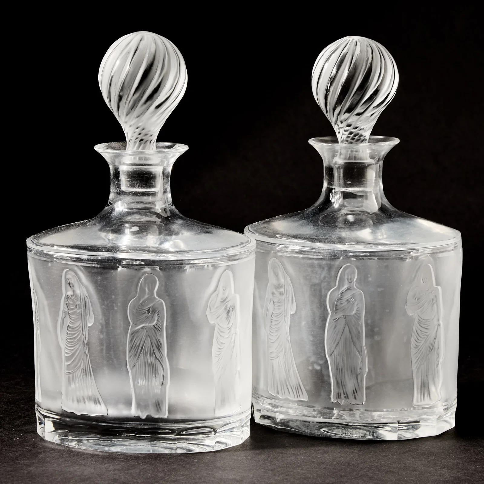 Pair of Lalique Molded Glass "Femmes" Decanters and Stoppers