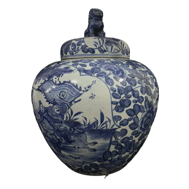 Pair of large Qing Dynasty Yongzheng period blue and white porcelain jars with human figure stories.