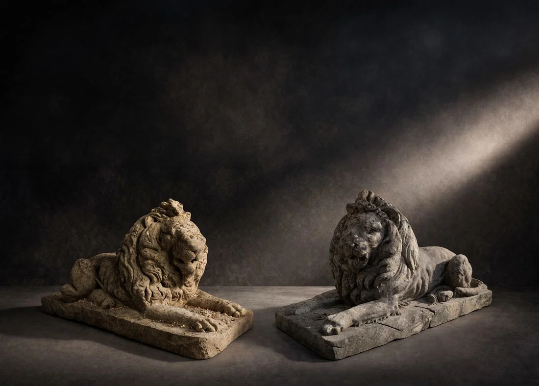 Pair of lions carved from a single block of Vicenza stone, Italy, 19th century