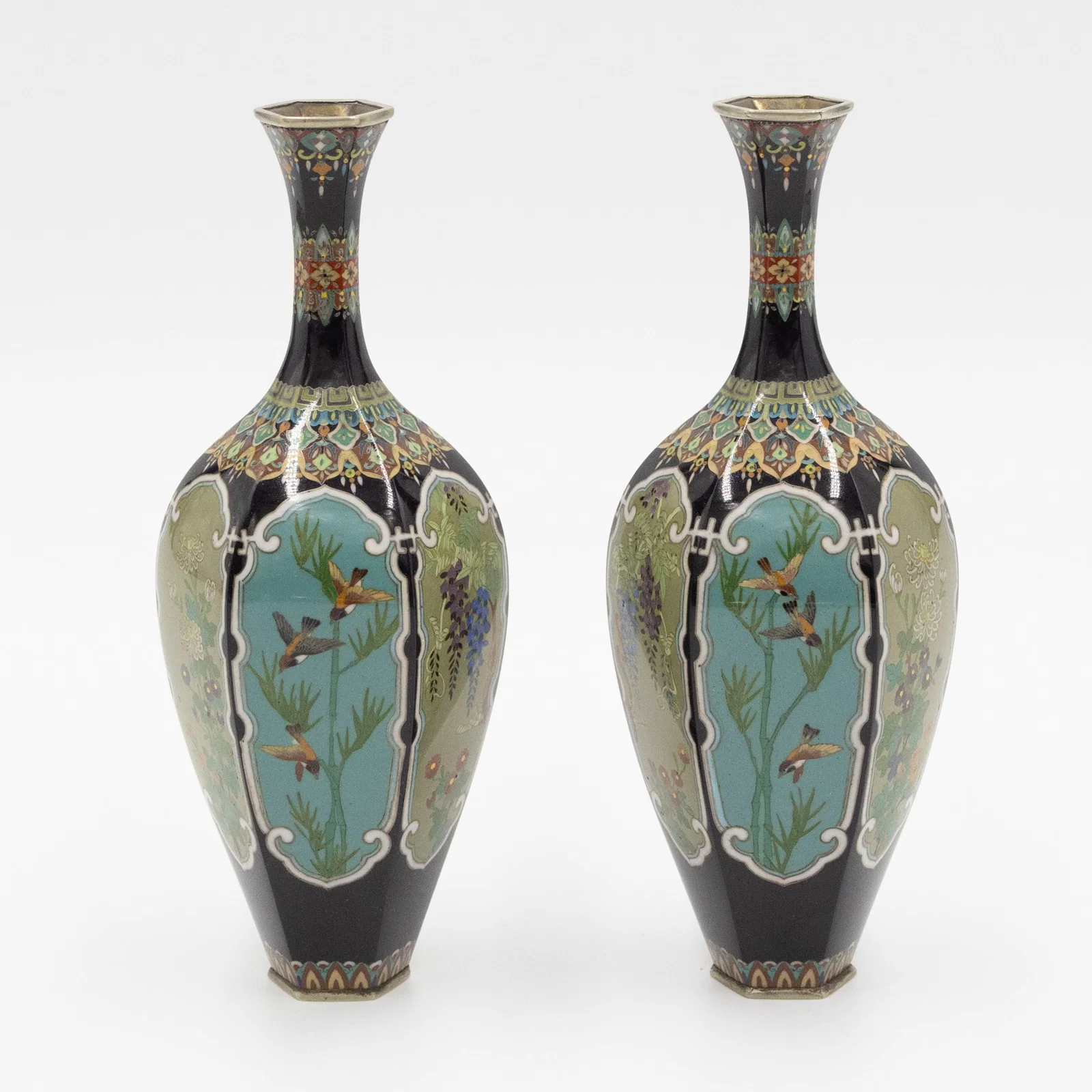 Pair of Meiji Era Cloisonne Vases, Bird and Flower Motifs *