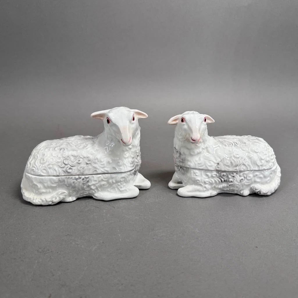 Pair of Mottahedeh Lamb Form Covered Boxes