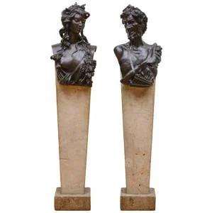 Pair of Patinated-Bronze Busts on Marble Pedestals, Representing Pan and Flora